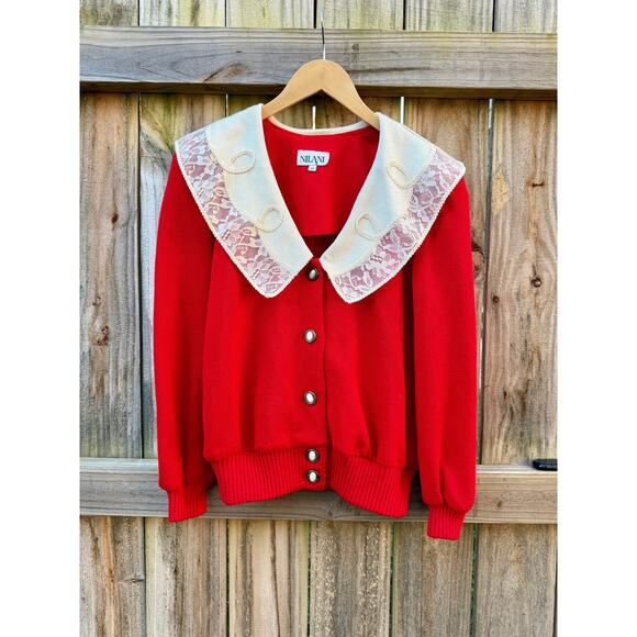 Reworked Vintage Red Cardigan with Lace Collar - Grandmillenial - Holiday - Picture 2 of 10